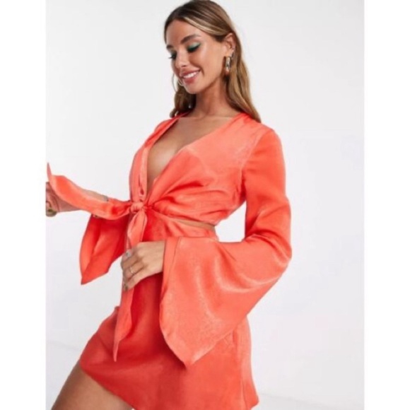 ASOS DESIGN Satin Tie Front Dress with Fluted Sleeves in Red Orange - Size 4 - Picture 2 of 9